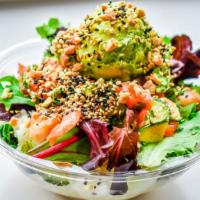 Poké Salad With Three Proteins · Create your own Poké Salad! Choose your base proteins, mix-ins, flavor, toppings, and crunch.