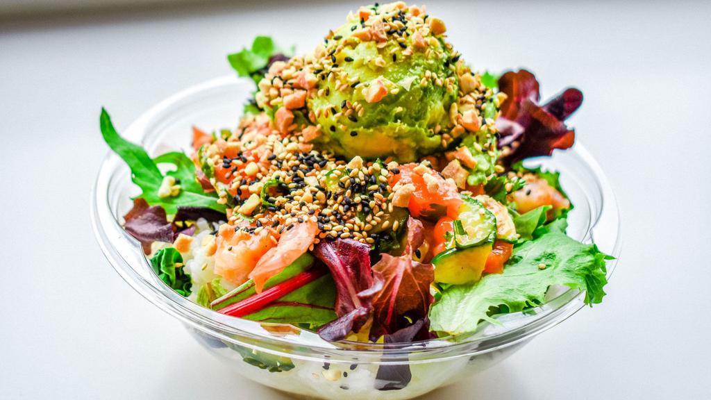 Poké Salad With Three Proteins · Create your own Poké Salad! Choose your base proteins, mix-ins, flavor, toppings, and crunch.