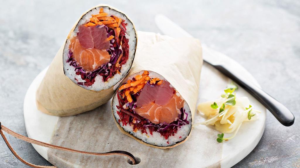 Poké Burrito With Three Protein · Create your own Poké Burrito wrapped in sushi rice and roasted seaweed Choose your proteins, mix-ins, flavor, toppings, and crunch.