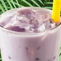 Taro Milk Tea · Rich tasting taro milk tea with a deep natural sweetness and a nutty flavor.
