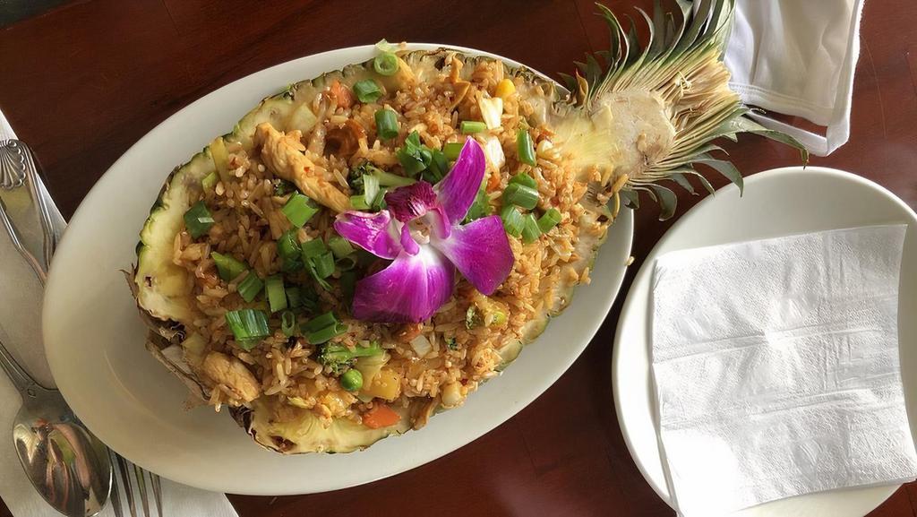 Thai Pineapple Fried Rice · Fried rice with pineapple, and cashew nuts. Choice: chicken, shrimp or beef