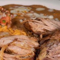 Carne Asada · Tender beef served with rice and beans, tomatillo sauce, guacamole salad (guacamole Guacamol...