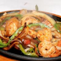 Shrimp Fajitas · Shrimp with bell peppers, onions, and tomatoes, served with guacamole salad Guacamole (Gwah-...