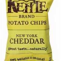 Kettle Chips: Cheddar · Cheddar Cheese flavored kettle chips.