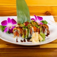 Magical Roll · Spicy crunchy tuna and cucumber topped with smoked eel shrimp avocado tobiko and scallions.