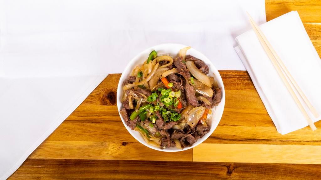 Gyu Don · Slices ny strip, onion, bell pepper, beef au jus.