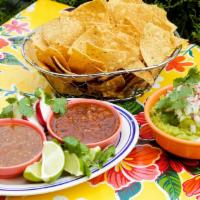 Guacamole, Salsa, & Chips · Onion, cilantro, radishes, green tomatillo salsa and habanero salsa.