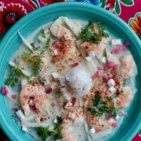 Ceviche De Camarones · Gulf shrimp, jicama, blanco grapefruit, avocado, serrano-lime vinaigrette