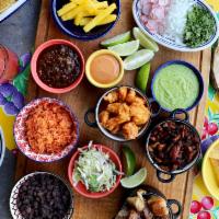 Diy Tacos De Cazuela (10 Tacos) · Makes 10 tacos, hand-made tortillas, all the garnishes. Served with rice and beans.