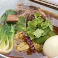 Short Rib Ramen · Braised short rib in a rich five spices veal stock, egg noodles, boiled egg, bok choy, shiit...