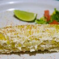 Elote Placero · Fresh corn cob covered w/ light mayo, cotija cheese and light Mexican spicy (tajin).