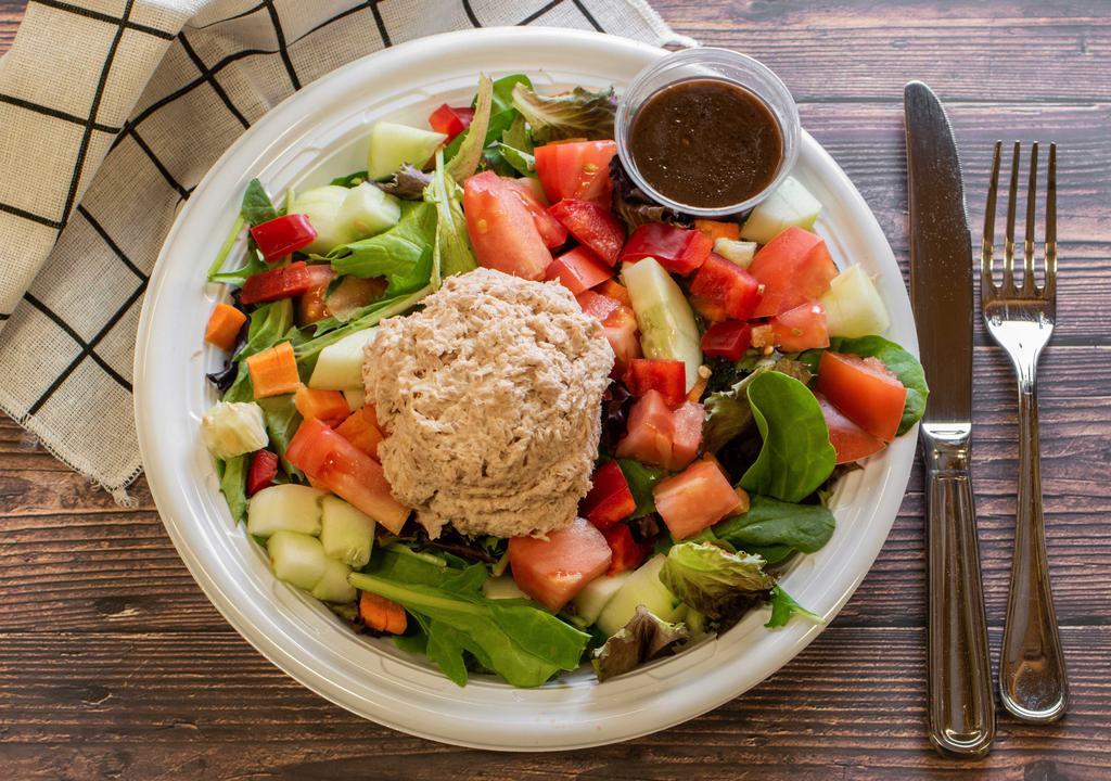 Tuna Salad Platter · Light tuna, diced tomatoes cucumbers served over mixed greens and our homemade balsamic dressing.
