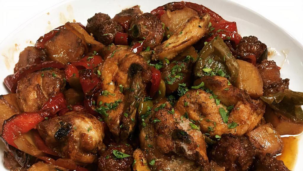 Chicken Scarparella Loaded · Chicken Scarparella loaded with hot cherry peppers, vinegar peppers, potatoes, and sausage