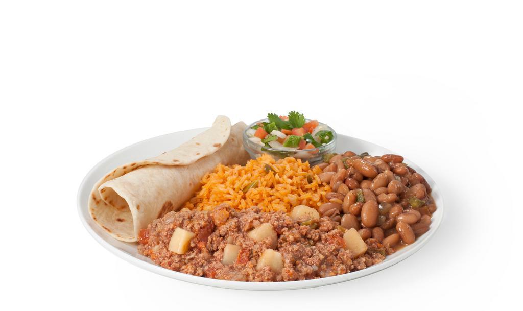 Picadillo Plate · Seasoned ground beef cooked with chopped tomatoes, peppers, onions and diced potatoes.