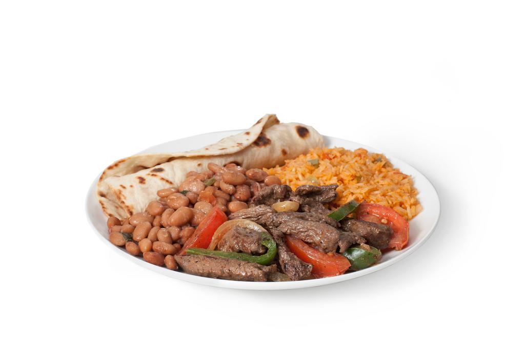 Beef Fajita Plate · Grilled beef fajita with bell peppers, onions and tomatoes.