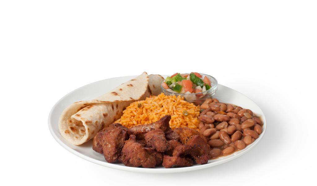 Carnitas Plate · Perfectly seasoned fried pork carnitas. A unique South of the Border flavor!