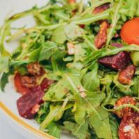Arugula Salad · Gluten-free, Vegetarian, New! Arugula, Cherry Tomato, Beets, Candied Pecans, Feta Cheese, Ba...