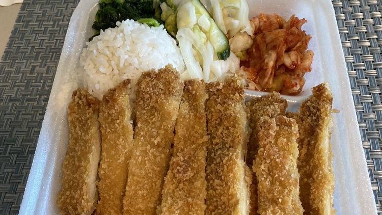 Chicken Katsu · Favorite. Served with rice, mac and vegetables or tossed salad.