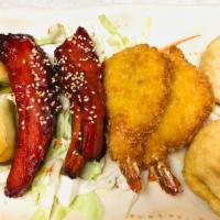 Pupu Plate · Each two pieces of fried shrimp, ribs, crab rangoon, vegetable roll.