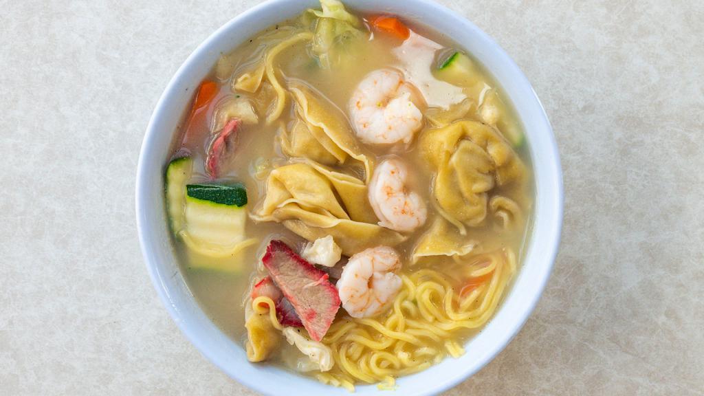Wonton Noodle Soup · pork wonton, BBQ pork, shrimp, green onion, cabbage, broccoli, zucchini, and Hawaii-style saimin noodles in housemade broth.