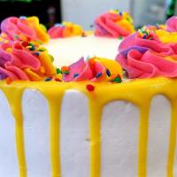 Gluten Free Funfetti Cake · Gluten Free Funfetti Cake, birthday cake buttercream with Pink & Blue Drip &  Confetti on th...