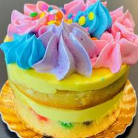 Funfetti Individual Naked Cake · Funfetti cake filled with birthday cake buttercream & topped with colorful buttercream.