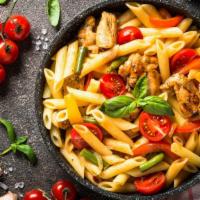 Veggie Pasta · Mouthwatering Pasta dish prepared with Penne pasta, cherry tomatoes, onions, peppers, olives...