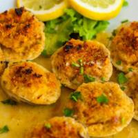 Baked Whole Littleneck Clams (8) · With seasoned bread crumbs
