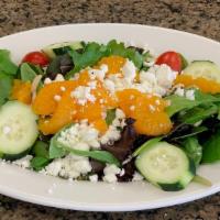 Mandarin Orange Salad · Mixed field greens, sliced almonds, goat cheese, cherry tomatoes, cucumbers and mandarins wi...