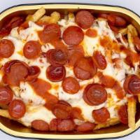 Pizzaroni Fries · oven baked fries with marinara, mozzarella, pepperoni.