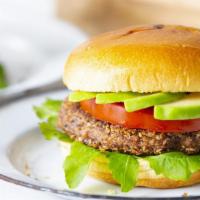 California Style Veggie Burger. · Delicious and healthy!!! Carrots, peas, broccoli, spinach ,string beans, red and green peppe...