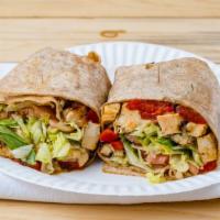 Chicken In A Blanket Wrap · Grilled chicken, fresh mozzarella cheese, roasted peppers, Italian dressing, lettuce and tom...
