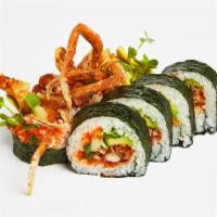 Spider Roll · Soft shell crab, asparagus, avocado, and roe with sushi rice wrapped in nori.