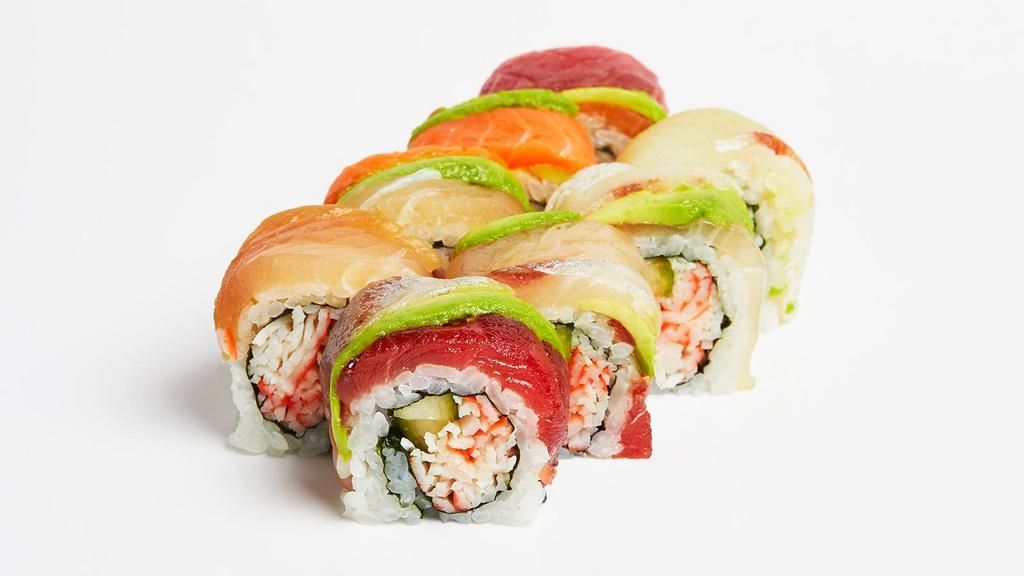 Rainbow Roll · California roll topped with albacore, tuna, white fish, salmon, shrimp, and avocado.