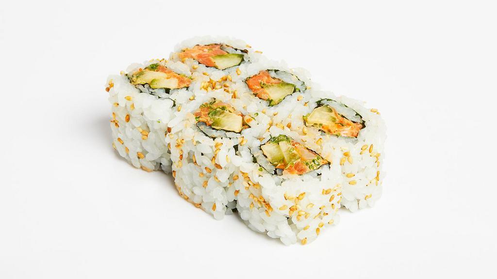 Spicy Salmon Roll · Spicy salmon with sushi rice wrapped in nori.