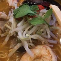 Shrimp Tomyum Rice Noodle Soup · Spicy. Spicy Lemongrass Broth, with Shrimp, Straw Mushrooms, Spicy Beans Sprouts, Takana, Ci...