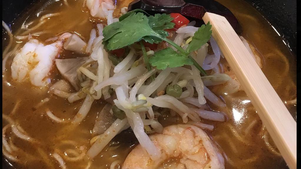 Shrimp Tomyum Rice Noodle Soup · Spicy. Spicy Lemongrass Broth, with Shrimp, Straw Mushrooms, Spicy Beans Sprouts, Takana, Cilantro, and Chili Pepper.