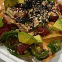 Poke Nachos · Corn tortilla chips with ahi tuna or your choice of protein, scallions, jalapeños, cilantro,...