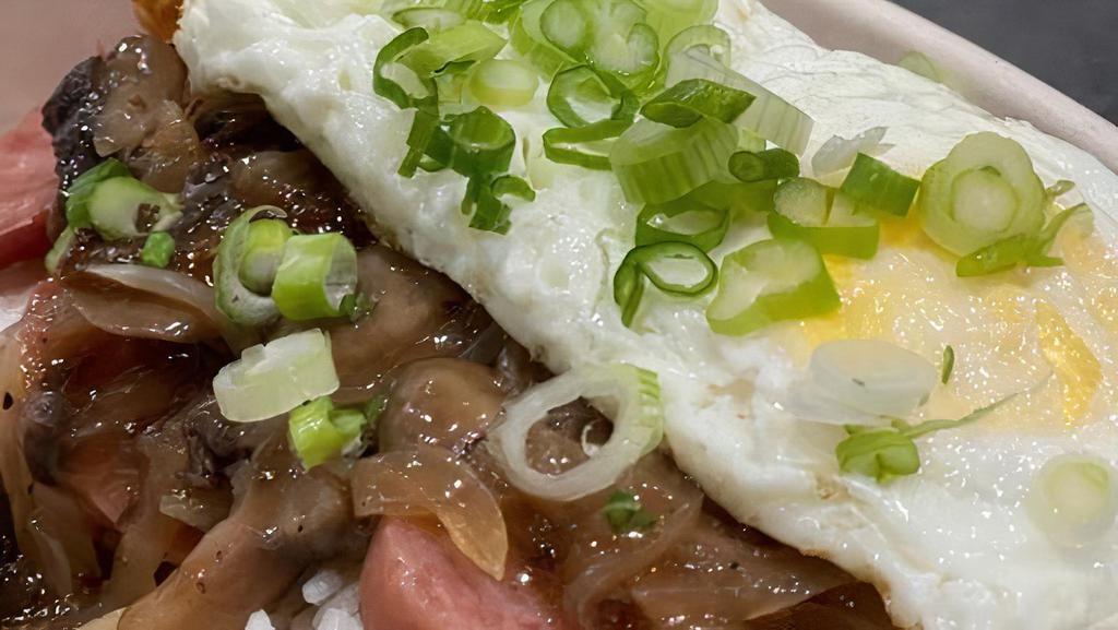 Loco Moco(Spam) · Sushi Rice, Spam, Brown gravy topped with two fried eggs and scallions.