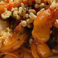 Shrimply Ono · Chili garlic shrimp, scallions, sweet onions, cucumbers, mango, togarashi, tempura flakes