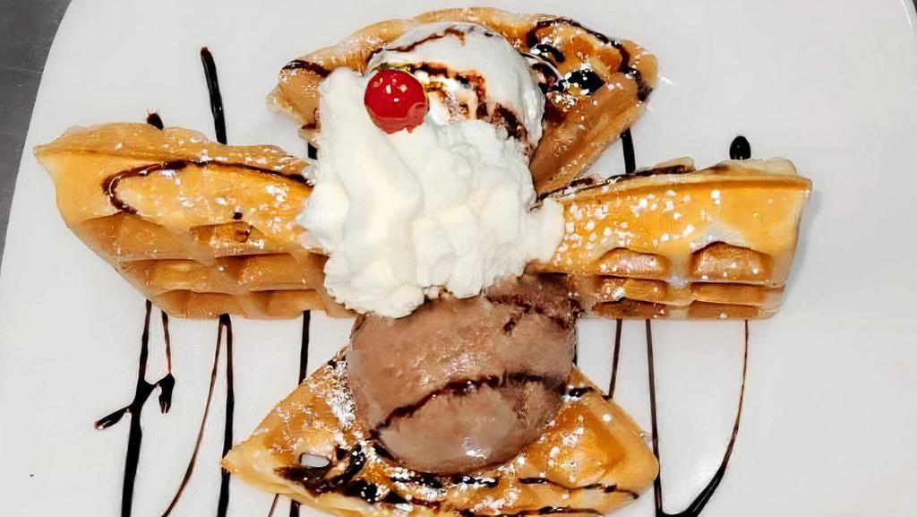 Waffles With Ice Cream · Homemade Waffle, with two scoop of ice cream and whipped cream