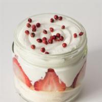 Strawberry Shortcake Verrine · Meringue, sponge cake, fresh cream, white chocolate, strawberries, pink peppercorn. Gluten f...