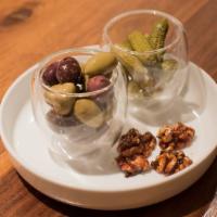 Pickles & Olives · Greek olives, cornichons, caramelized walnuts.  Gluten free, Vegan.