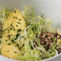 Egg Truffle Shiitake Salada · Frisée lettuce, wild & brown rice, shiitake mushrooms, balsamic olive oil dressing.  Gluten ...