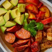 Cazuela · Beans, temptation banana, pork belly, avocado, chorizo, white rice, hogao and arepa.