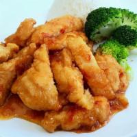 Gai Rad Prik · Fried chicken in a garlic chili tamarind sauce, carrot, broccoli, served with a side of Thai...