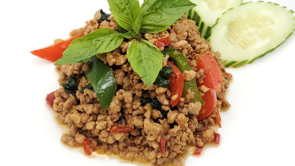 Kra Prow Gai Subb · Stire-fried ground chicken, chili, garlic, basil, bell pepper, string bean, onion, served with a side of Thai Jasmine Rice.