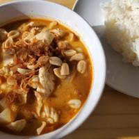 Massaman Curry · Local Thai dried red chili curry, coconut milk
broth-potato, onion, peanut serve w/ Jasmine ...