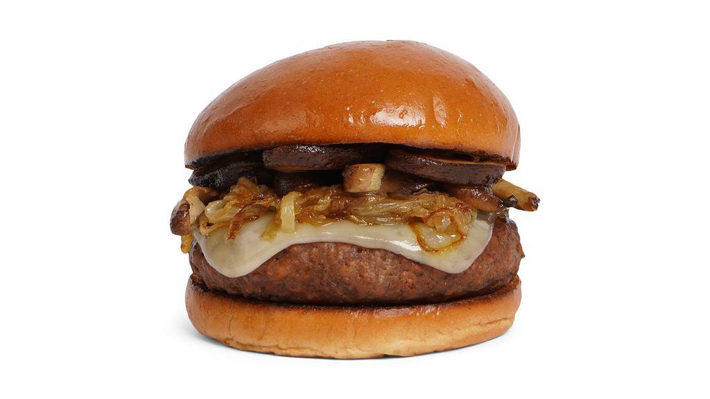 The Mushroom Lover Burger · Beef patty with roasted mushrooms, caramelized onions, melted swiss cheese, and mayo on a fluffy brioche bun.