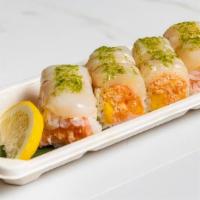 Scallop Special Roll · Spicy Crab Meat, Mango Wrapped with Soybean Paper, Topped w/ Seared Chive, Scallop & Chef Sp...